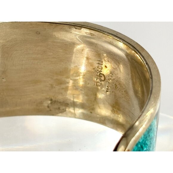 Abalone & Turquoise Hecho De Mexico Gold T Alpaca Silver Vintage Cuff Bracelet - Picture 4 of 16